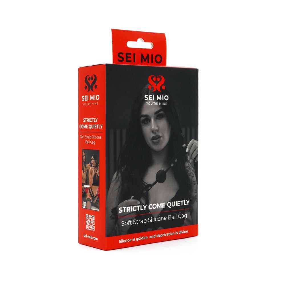 SEI MIO Strictly Come Quietly soft strap silicone ball gag in black and red packaging with product image and branding
