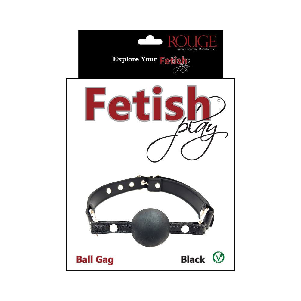 Packaging of Rouge Fetish Play Vegan Ball Gag in black with vegan-friendly logo and adjustable black strap ball gag product display