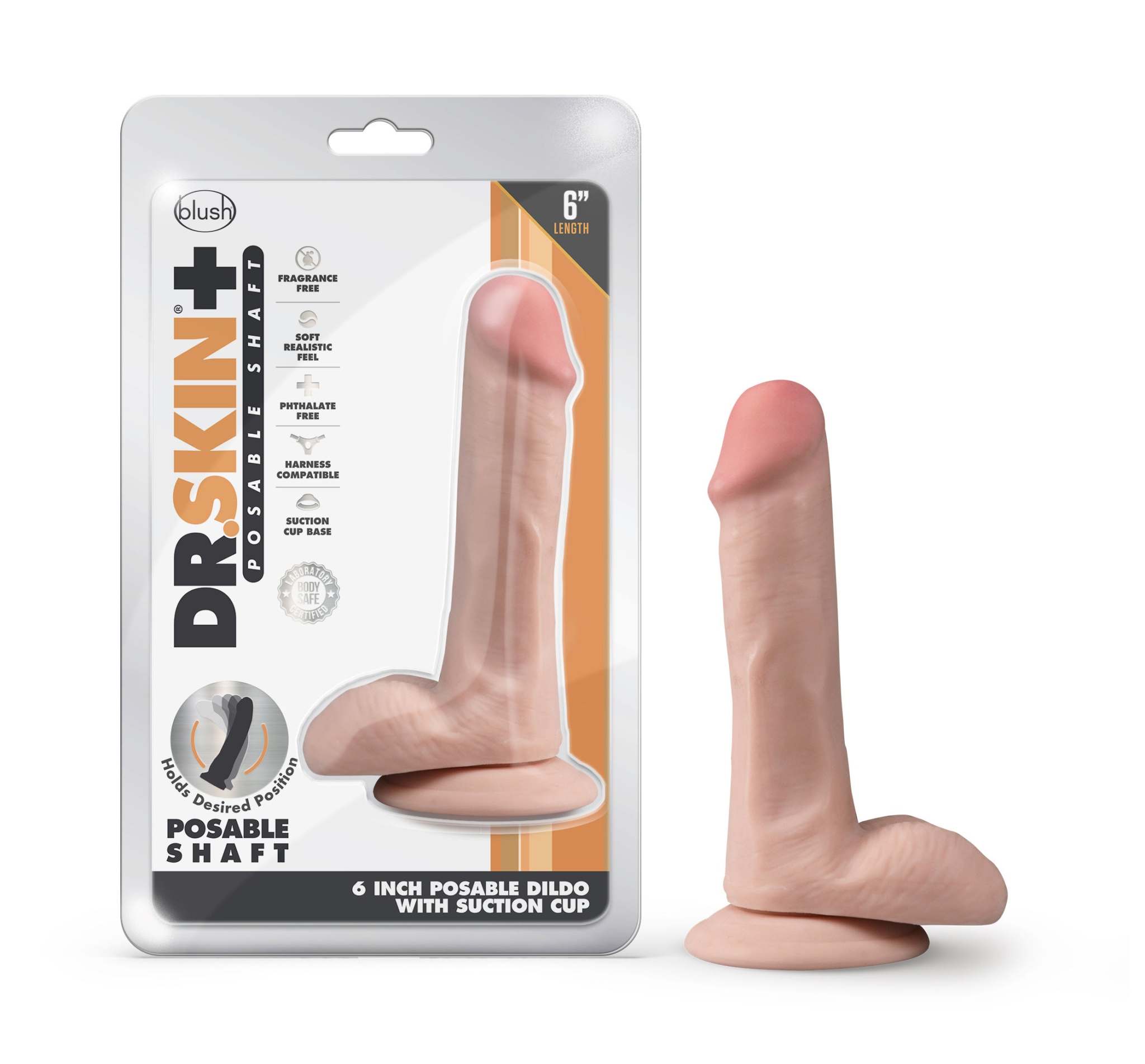 Dr. Skin Plus 6 inch posable dildo with balls in vanilla color, realistic texture and suction cup base