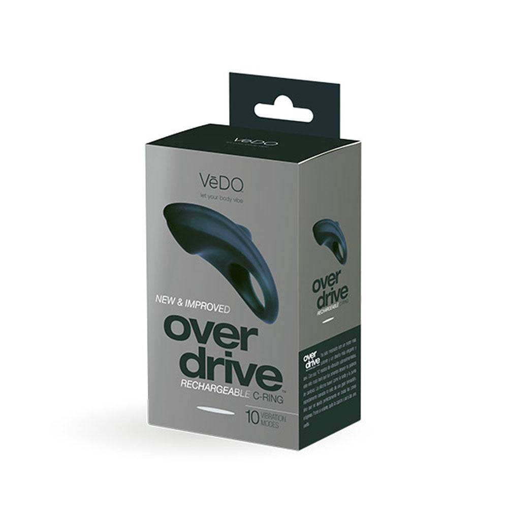 Overdrive Plus Rechargeable Cock Ring in black with powerful motor, 10 vibration modes, and sleek silicone design in packaging box