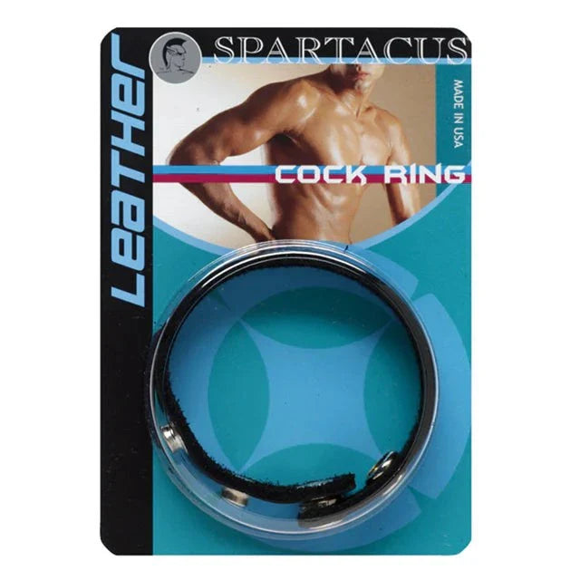 Spartacus Leather Cock Ring in packaging for firmer and prolonged erection