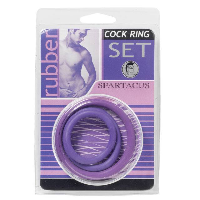 Spartacus Cock Ring Set of 3 purple rubber rings in packaging