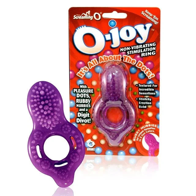 Purple Screaming O O-joy non-vibrating textured cock ring with pleasure dots and digit divot for enhanced stimulation