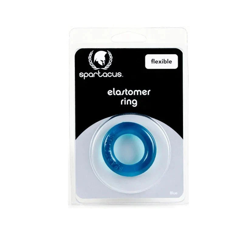 Relaxed fit blue elastomer cock ring in clear packaging labeled flexible