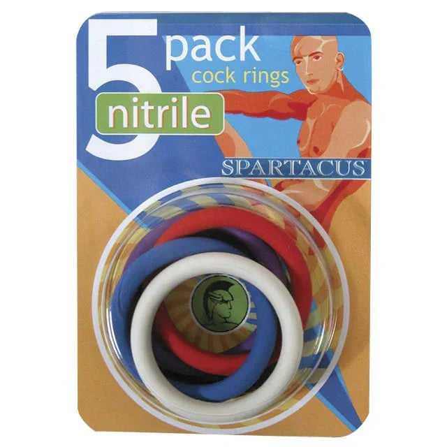 Spartacus Nitrile Cock Rings 5-pack, assorted colors, 1 1/4 inch each for enhanced erection and prolonged ejaculation