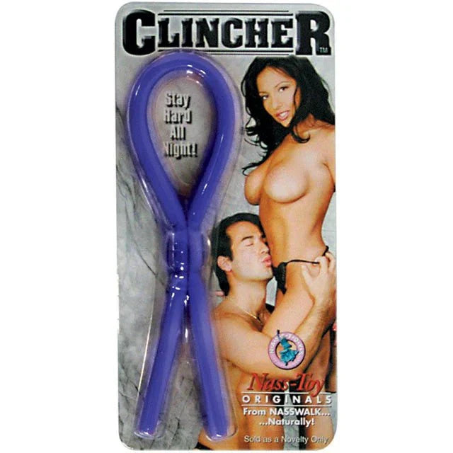 Clincher Adjustable Cock Ring blue with bead for perfect fit packaging showing couple and stay hard all night text