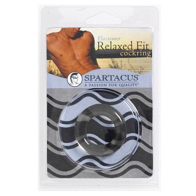 Relaxed Fit Elastomer black cock ring in clear plastic packaging with male model on label