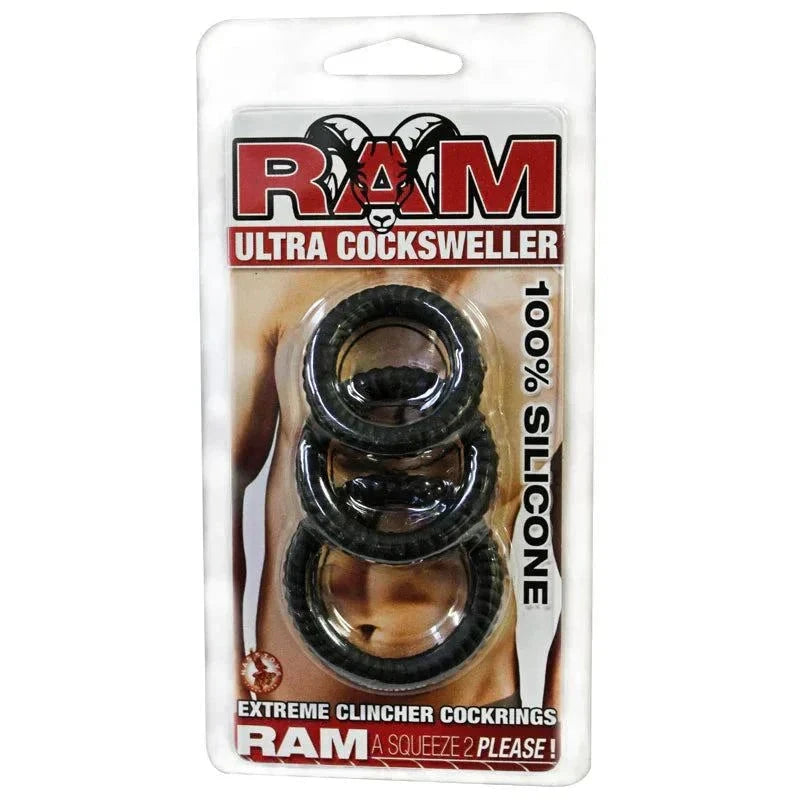 Ram Ultra Silicone Cocksweller 3 black silicone cock rings in packaging