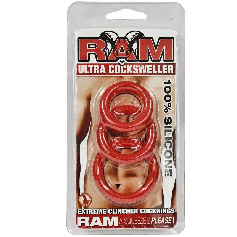 Ram Ultra Silicone three red stretchy cock rings in clear packaging with male torso background