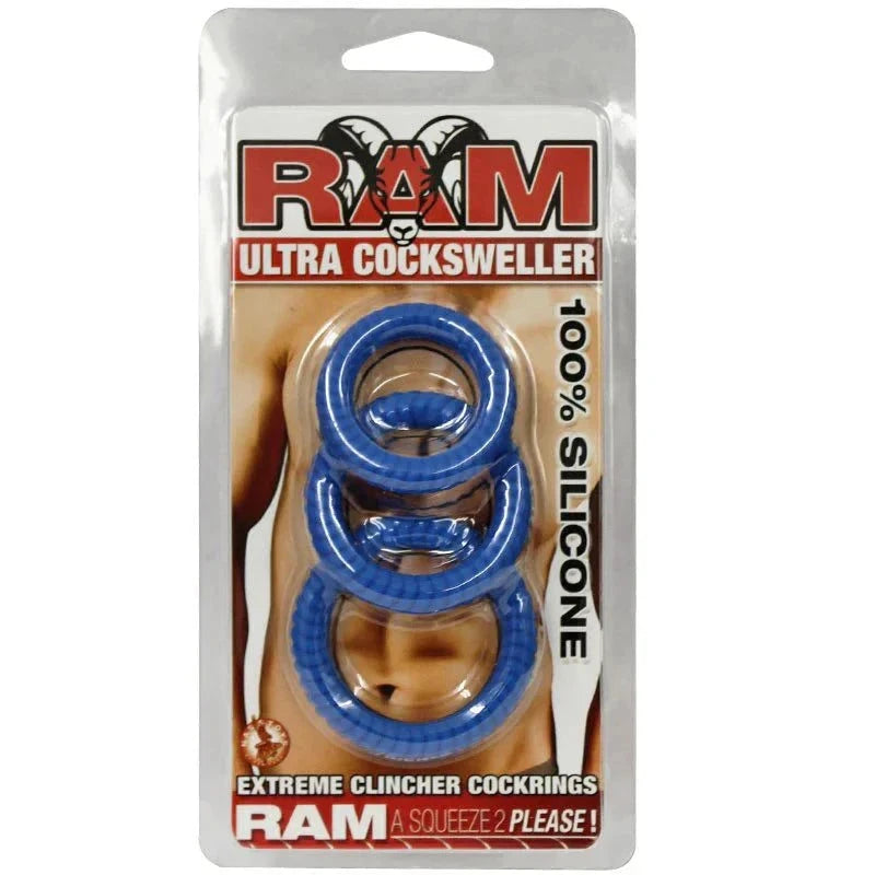 Ram Ultra Silicone blue cock rings pack of three super-stretchy 100% silicone rings for enhanced pleasure