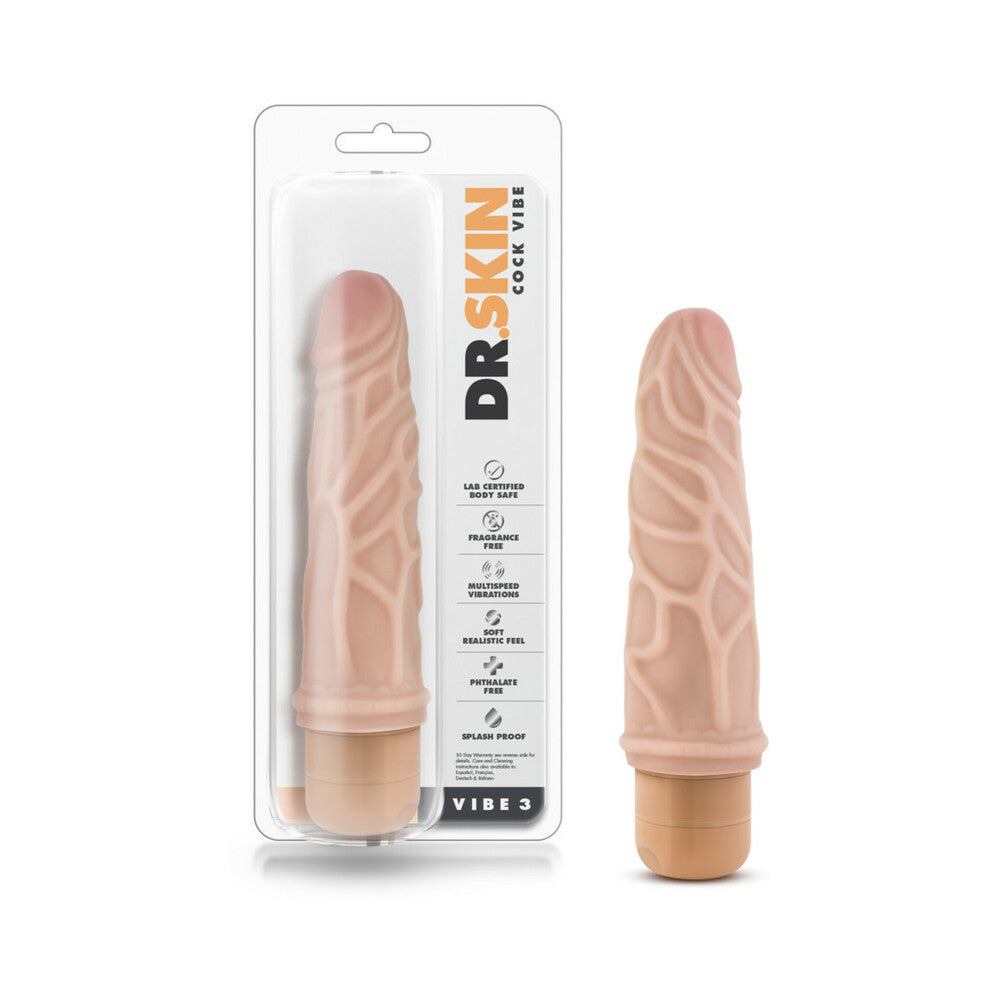 Dr. Skin Vibe 3 realistic 7.25-inch beige vibrating dildo with multi-speed twist dial and flexible shaft.