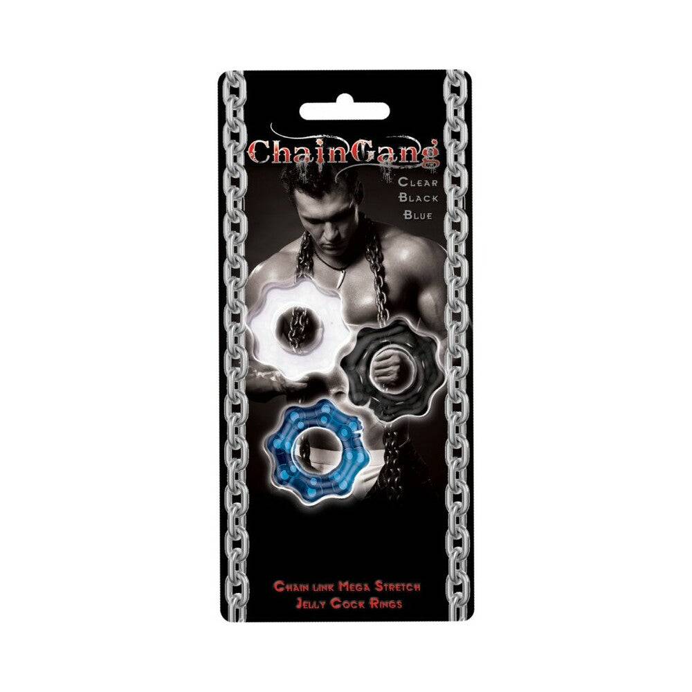 Chain Gang Cockrings 3-pack in clear, blue, and black super stretch silicone with chain-themed design.