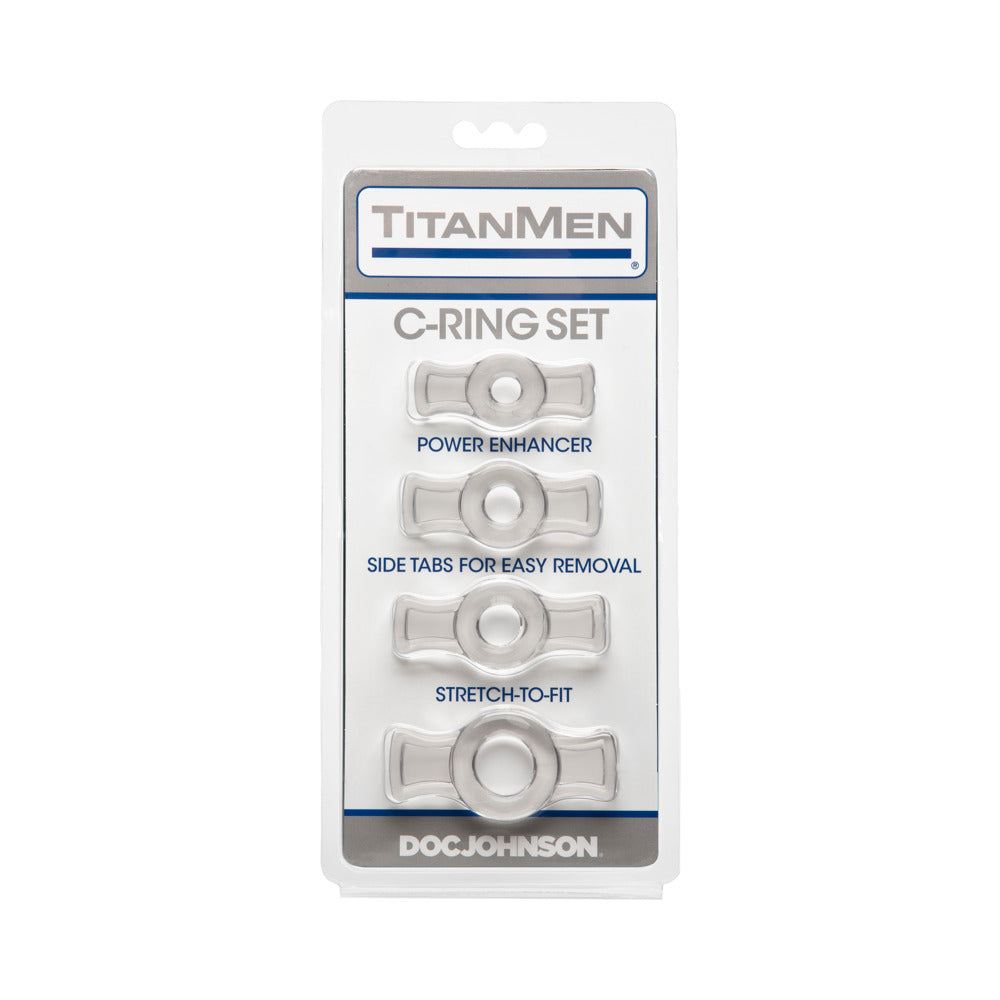 TitanMen Cock Ring Set clear flexible stretchable rings with easy removal tabs in assorted sizes by Doc Johnson