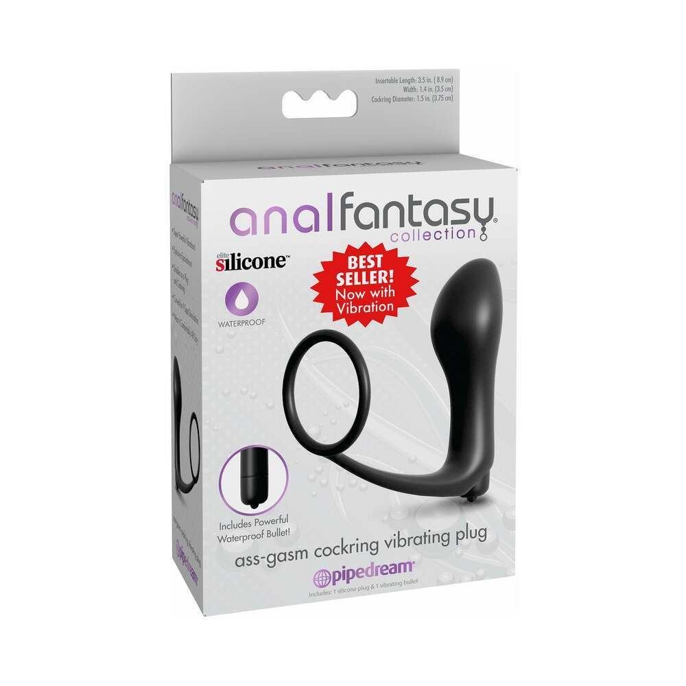 Anal Fantasy Collection silicone ass-gasm vibrating cockring and plug in black with waterproof bullet and stretchy ring for prostate stimulation and erection support