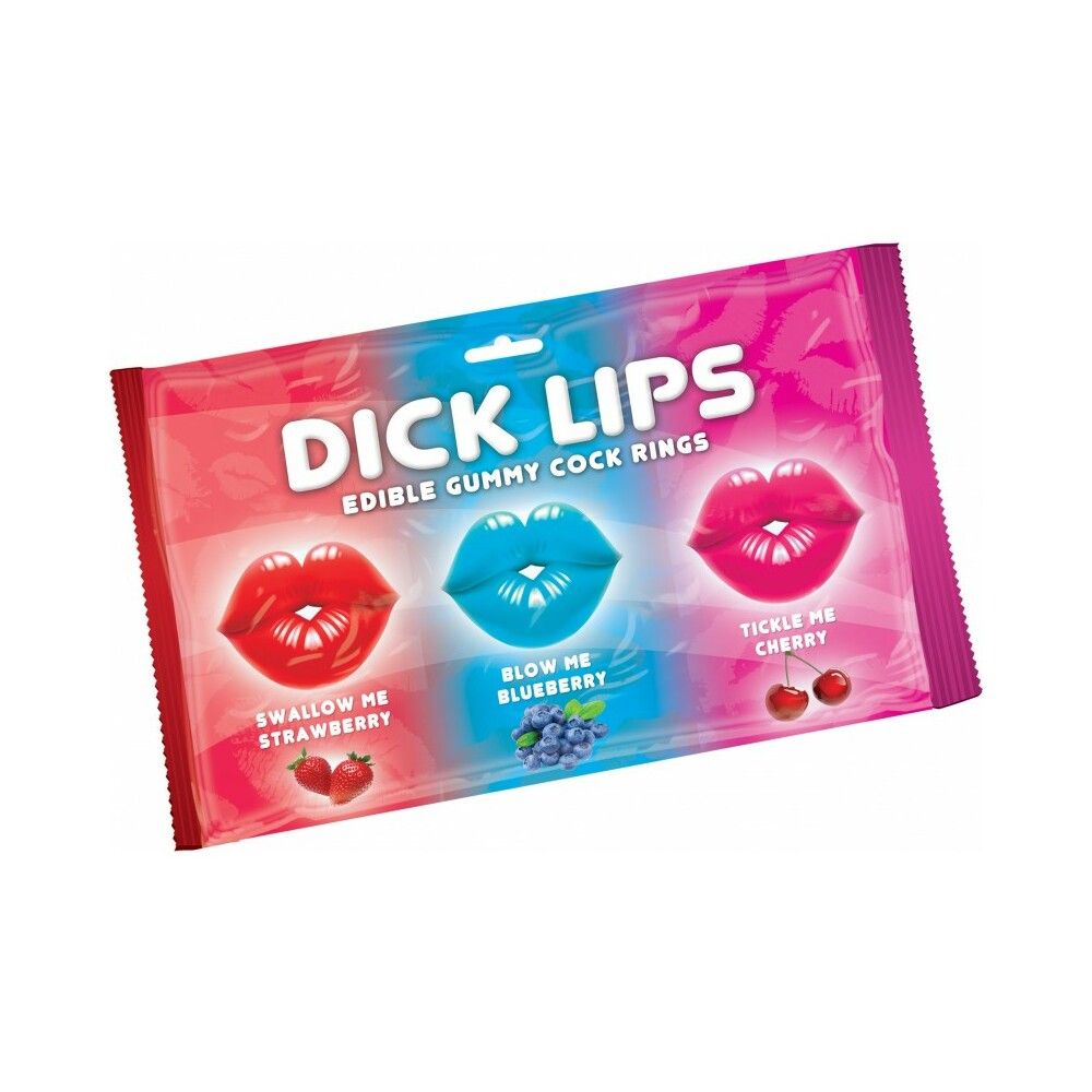 Dick Lips Edible Gummy Cock Rings 3-pack in strawberry, blueberry, and cherry flavors with stretchy gummy lips design