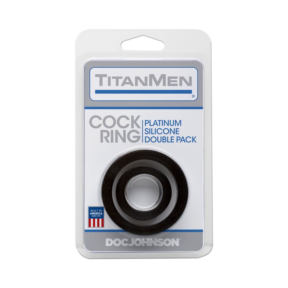 Titanmen Cock Ring platinum silicone double pack in black with two sizes for comfortable fit and durable use