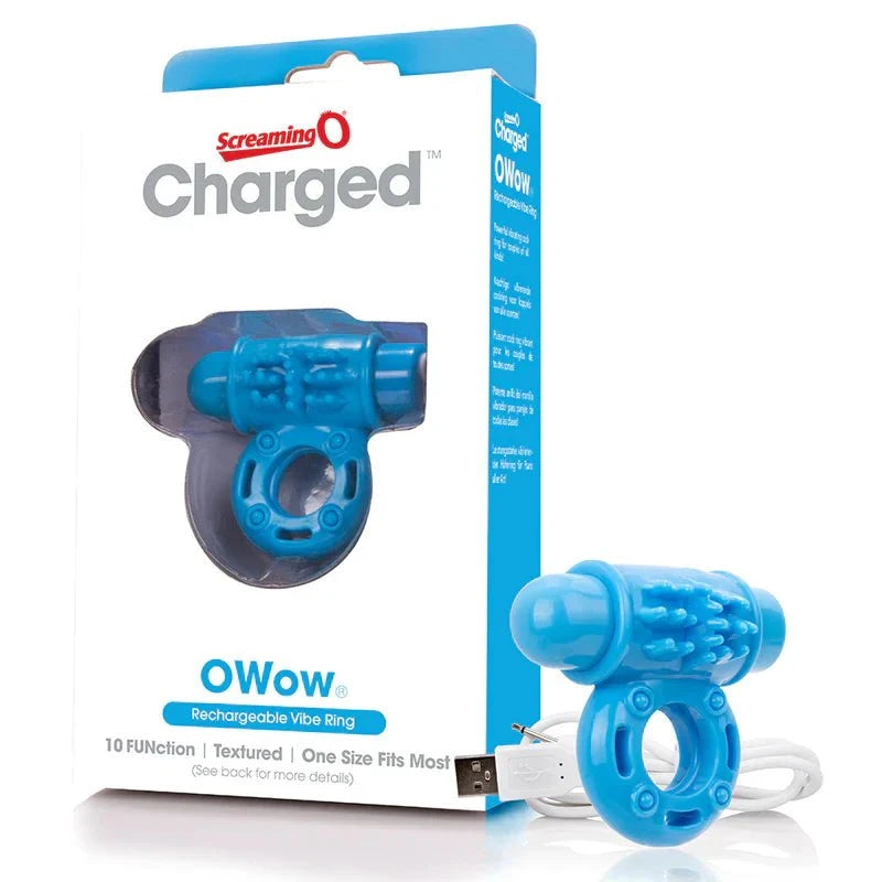 Screaming O Charged OWow Vooom blue USB rechargeable vibrating cock ring with 10 vibration functions and textured design