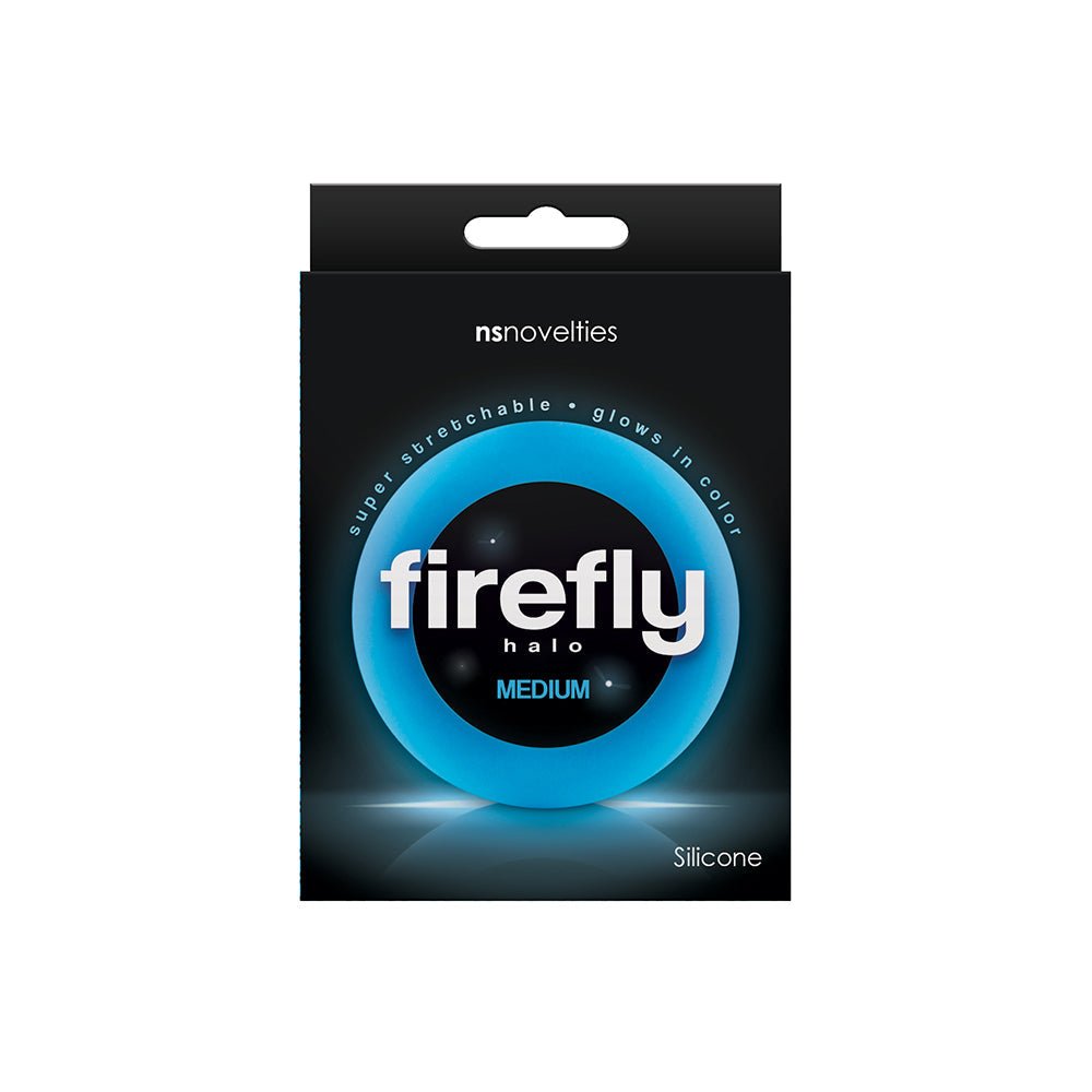 Firefly Halo Cock Ring medium blue glow-in-the-dark soft silicone 55mm stretchy cock ring packaging