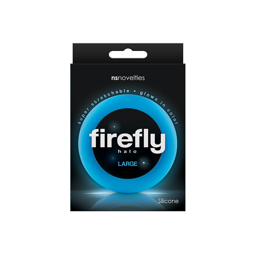 Firefly Halo Cock Ring Large Blue glow-in-the-dark silicone 60mm stretchy ring for comfort and performance enhancement