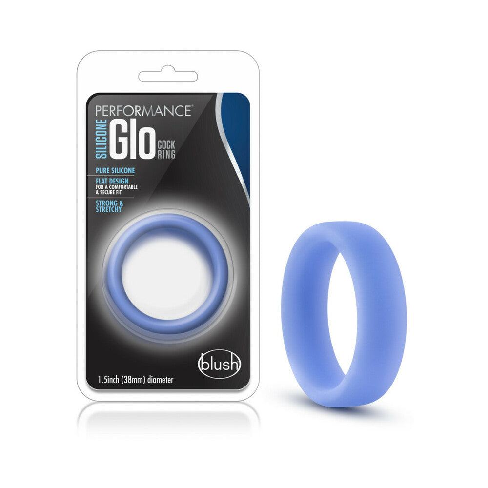 Blue Performance Silicone Glo Cock Ring with flat, stretchy, glow-in-the-dark design for comfort and secure fit