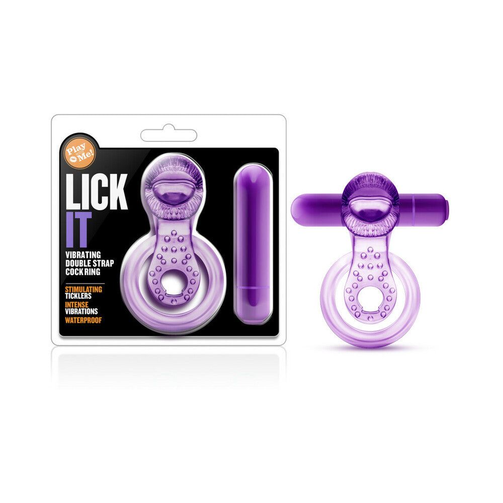 Play with Me Lick It Vibrating Double Strap Cockring in purple with bullet vibrator, tongue-shaped clitoral stimulator, waterproof and stretchy silicone design.
