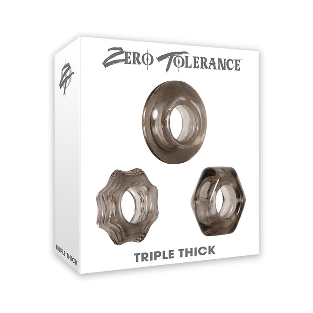 Zero Tolerance Triple Thick 3-piece stretchy cockring set with circle, hexagon, and star shapes for enhanced pleasure and erection support.