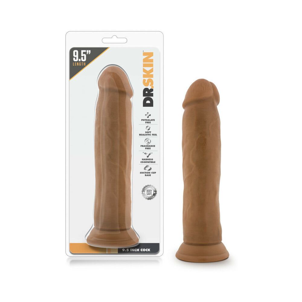 Dr. Skin Realistic 9.5-inch tan dildo with lifelike texture and suction cup base for hands-free use.