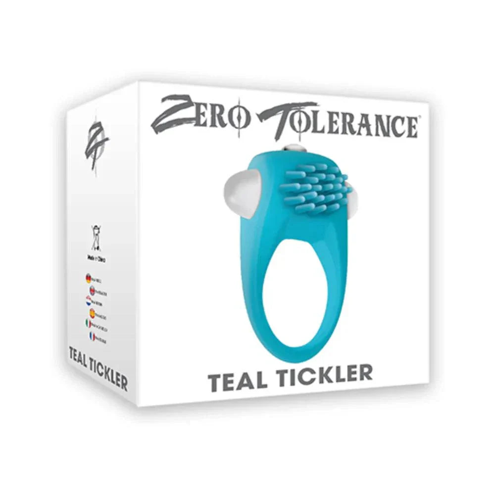 Zero Tolerance Teal Tickler single-speed vibrating silicone cock ring with pleasure nubs and bullet vibrator in teal color