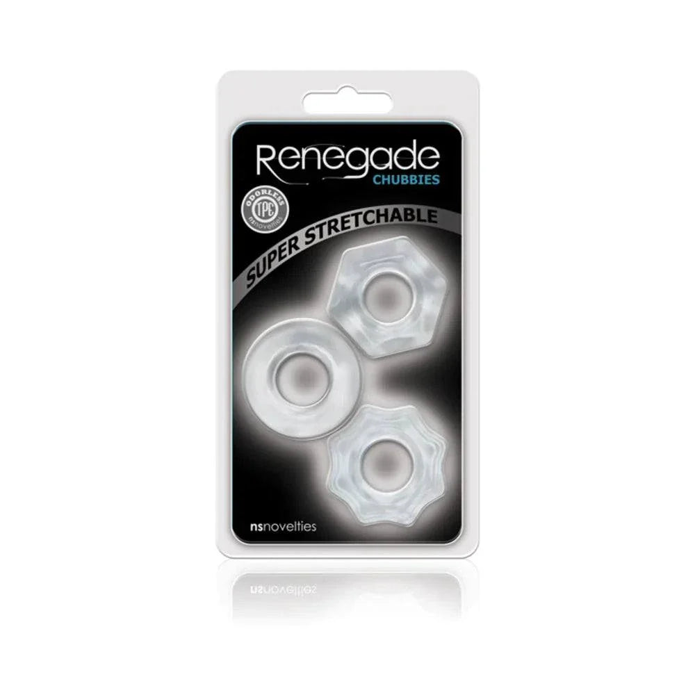 Renegade Chubbies clear super stretchable cock rings 3-pack by NS Novelties in body safe TPE material