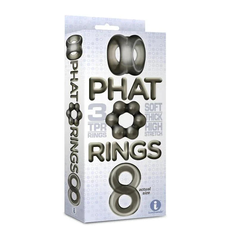 Packaging of The 9's Phat Rings smoke 1 chunky cock rings showing three soft, thick, high stretch body-safe TPR rings in unique designs for enhancing erections and pleasure