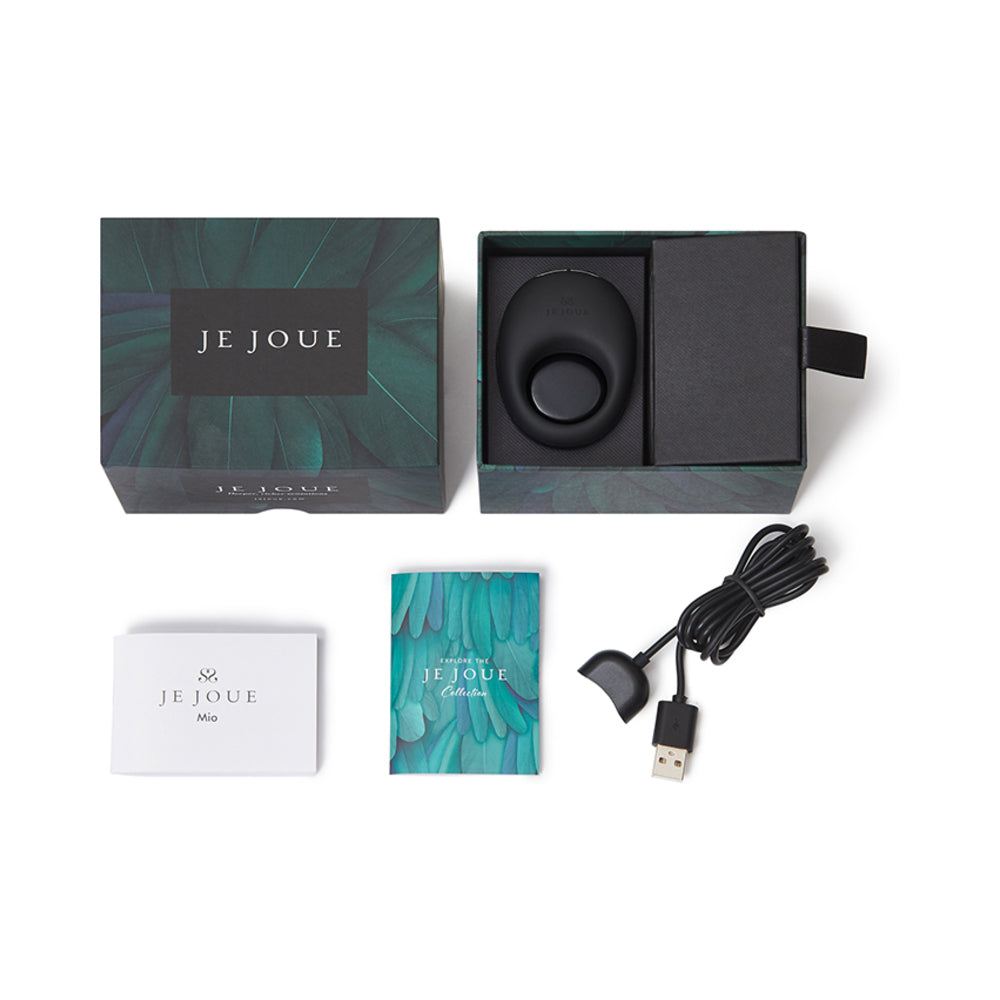 Je Joue Mio rechargeable black silicone vibrating cock ring with USB charger and packaging box