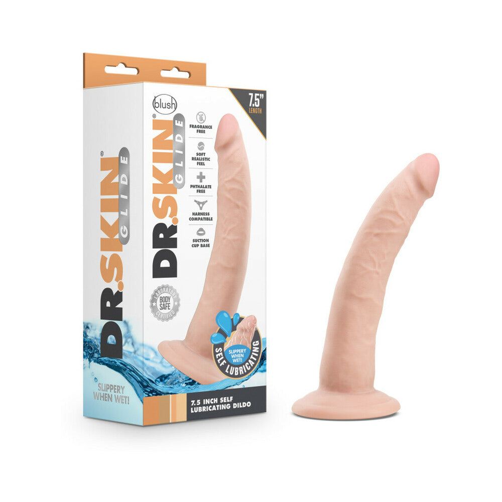 Dr. Skin Glide 7.5 inch self-lubricating realistic beige dildo with suction cup base and body-safe material