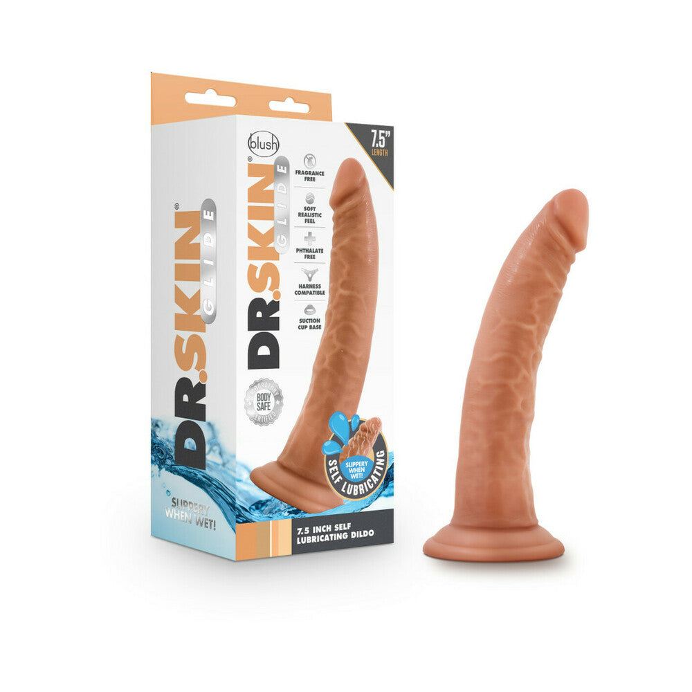 Dr. Skin Glide 7.5 inch realistic tan self-lubricating dildo with suction cup base and body-safe TPE material