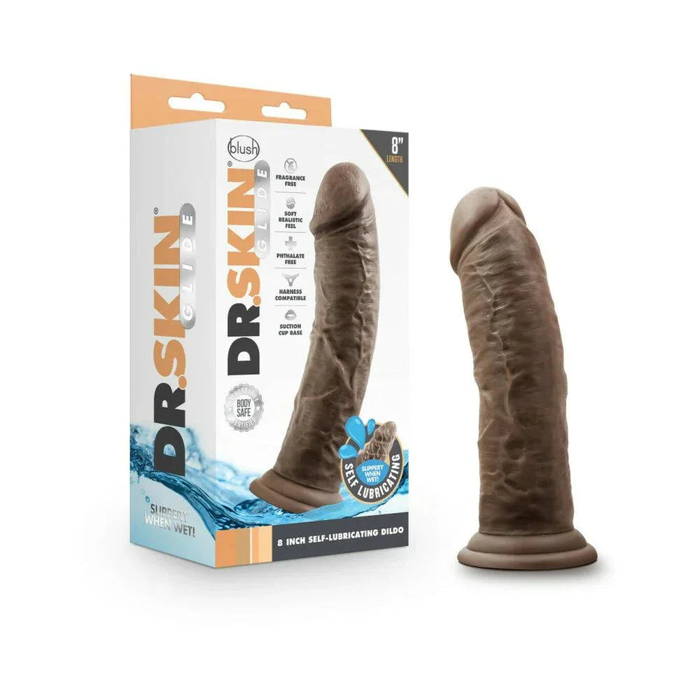Dr. Skin Glide realistic 8-inch self-lubricating brown dildo with suction cup base and lifelike texture