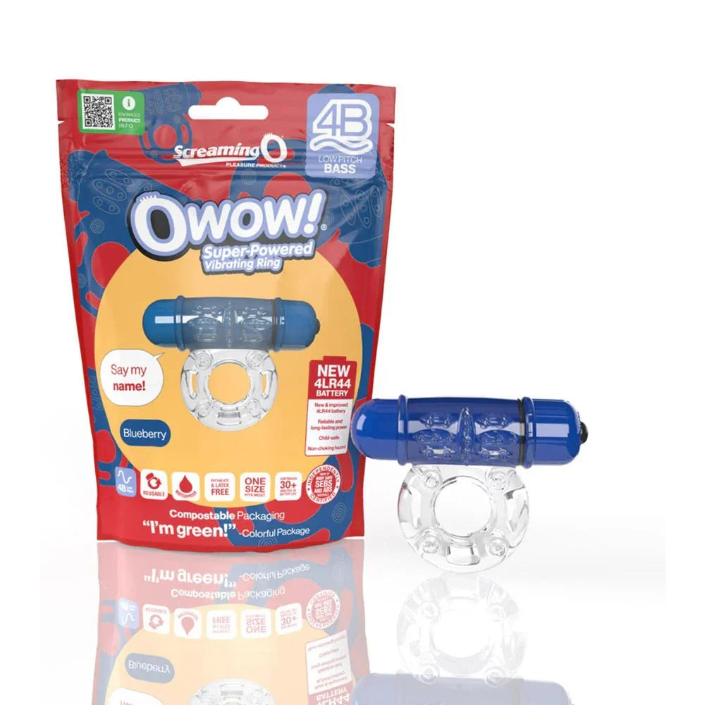 Screaming O 4B OWow vibrating cockring in blueberry with powerful bass vibrations and body-safe stretchy ring.