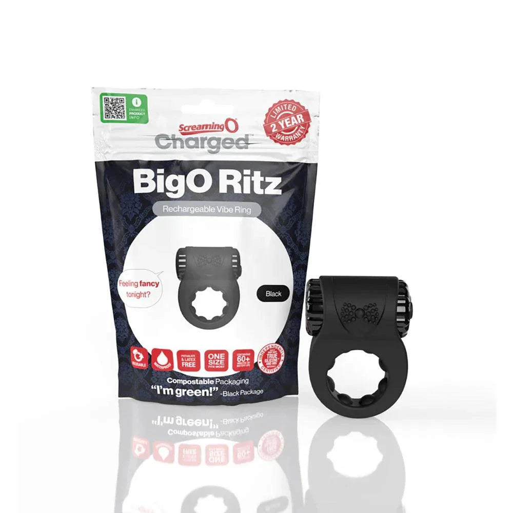 Charged Big O Ritz rechargeable vibrating silicone cockring in black with eco-friendly packaging