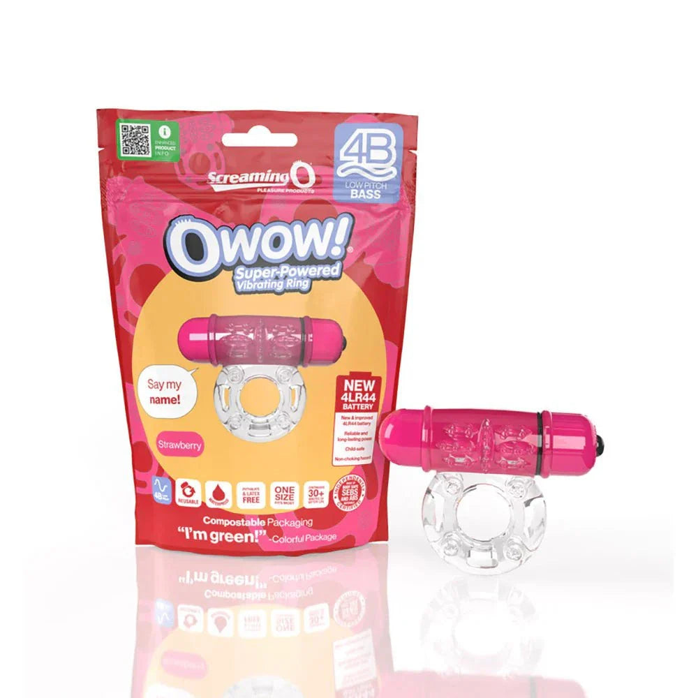 Screaming O 4B OWow vibrating cockring in strawberry with super-powered 4B bullet and clear stretchy SEBS ring in eco-friendly packaging