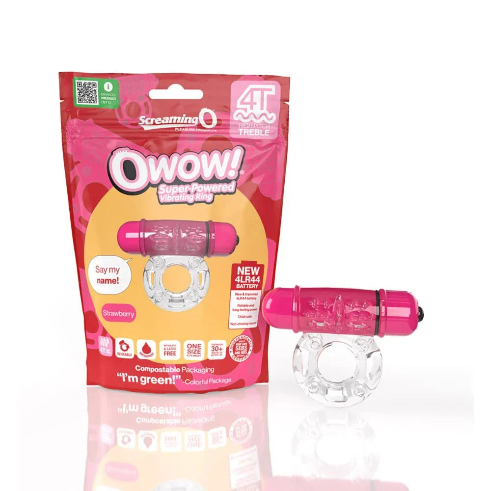 Screaming O 4T OWow vibrating cockring in strawberry with super-powered 4T bullet and clear stretchy SEBS ring, eco-friendly packaging.