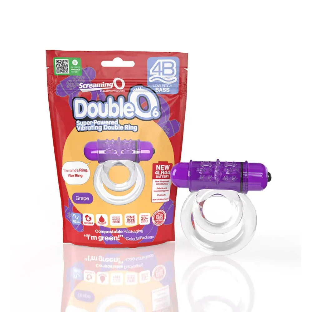 Screaming O DoubleO 6 vibrating double cockring in grape color with two rings and powerful 4B motor in eco-friendly packaging