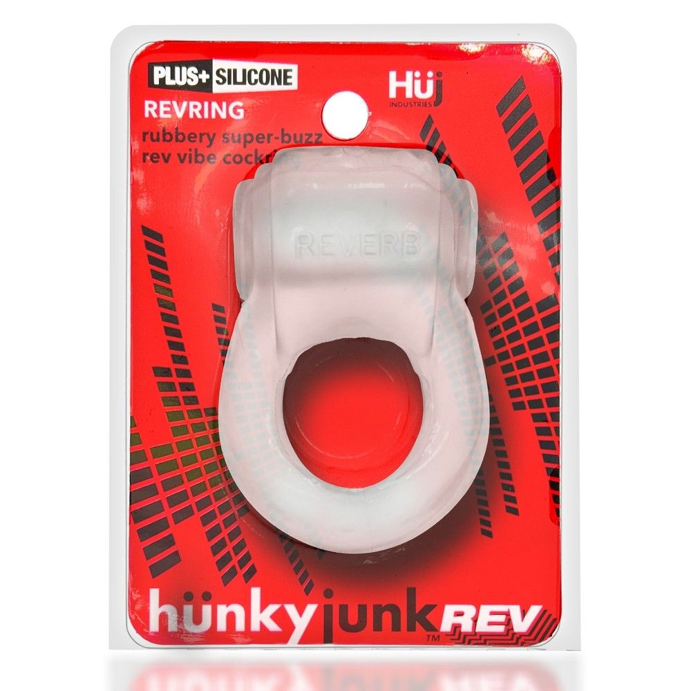 Hunkyjunk Revring clear ice silicone blend cockring with bullet vibrator in red packaging