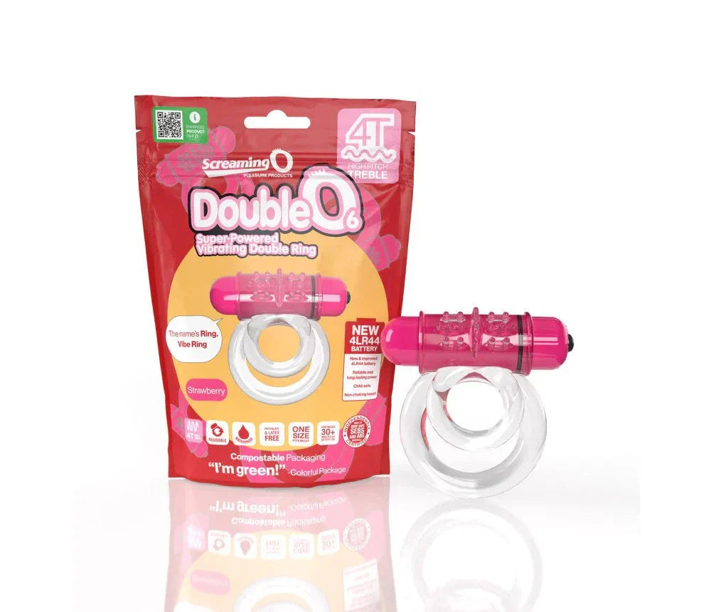Screaming O 4T DoubleO 6 vibrating double cockring in strawberry color with dual rings and eco-friendly packaging