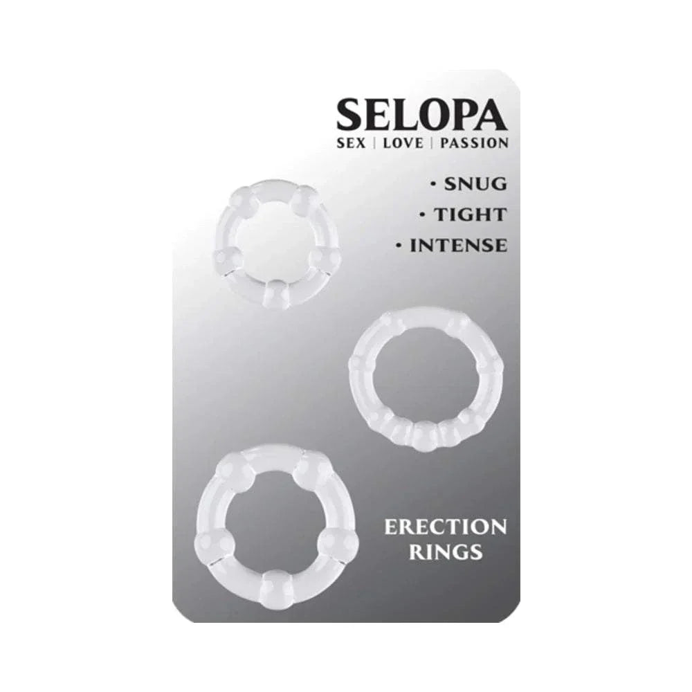 Selopa Erection Rings clear 3-ring set for snug, tight, and intense support in phthalate and latex-free waterproof TPE rubber
