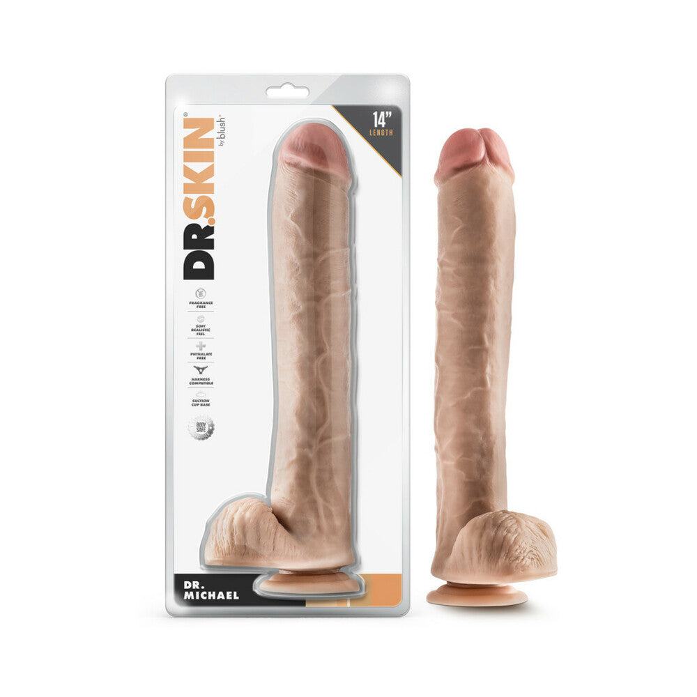 Dr. Skin Dr. Michael 14 inch beige lifelike dildo with balls and suction cup base for hands-free use.