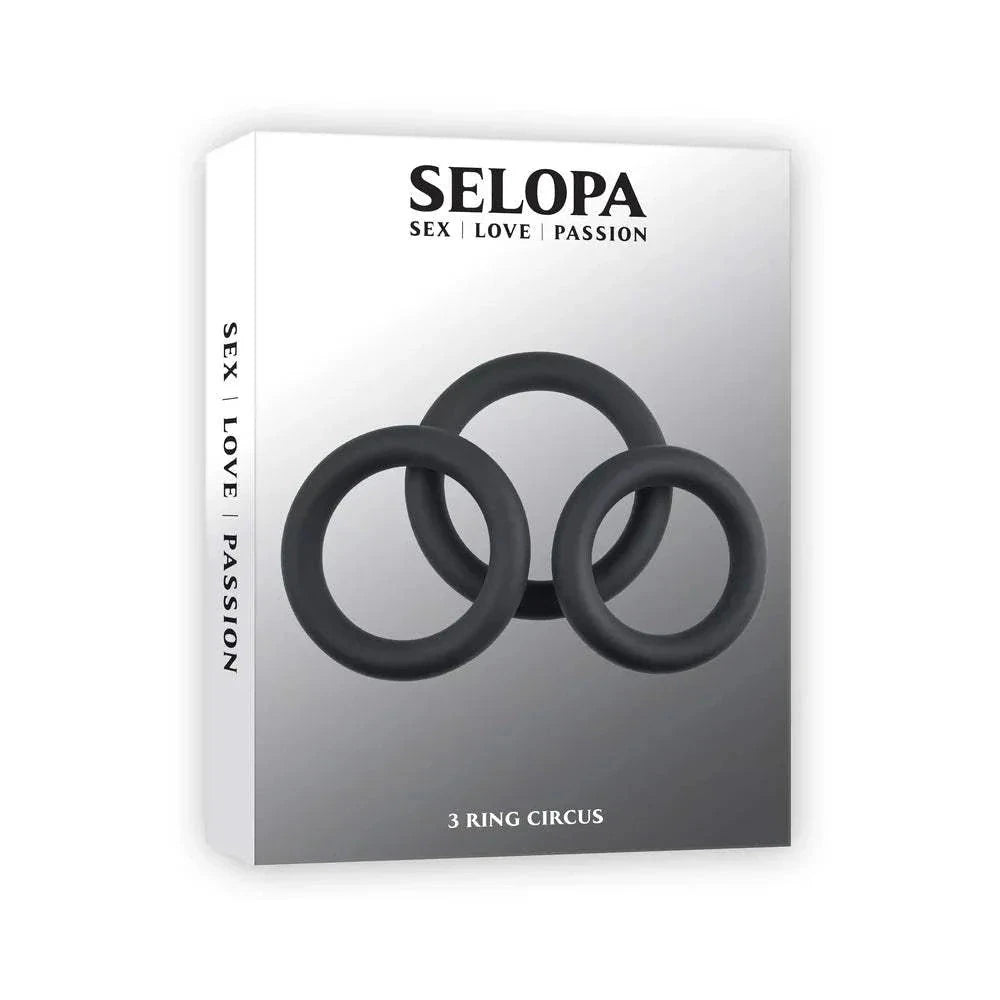 Selopa 3 Ring Circus black silicone penis ring set with three sizes for erection support and sensual pleasure