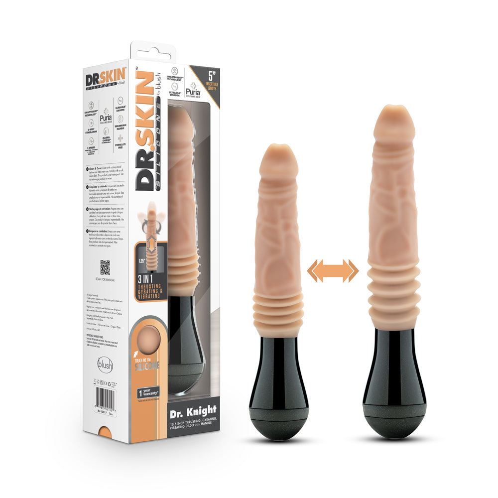 Beige Dr. Skin Silicone Dr. Knight thrusting, gyrating, vibrating dildo with ergonomic black handle and packaging box.