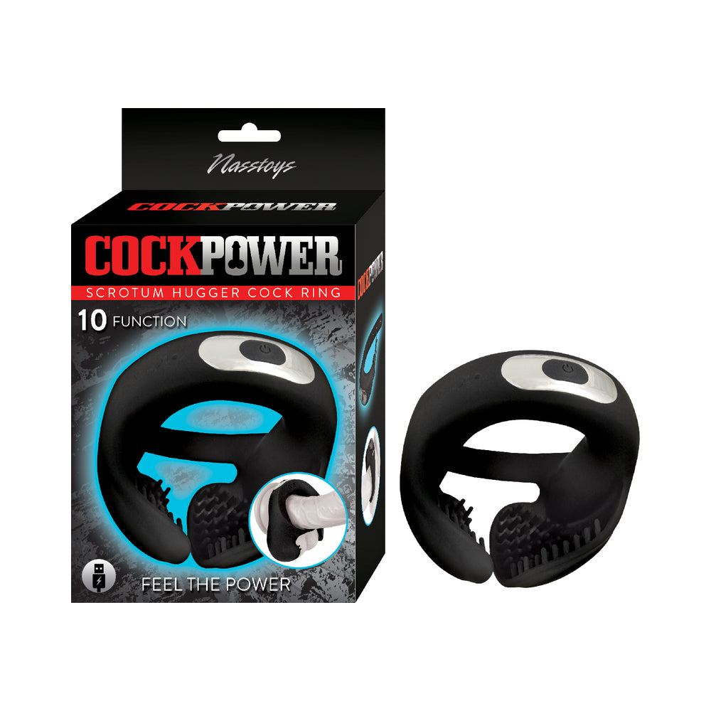 Black rechargeable silicone Cockpower Scrotum Hugger Cock Ring with textured ball stimulator and 10 vibration functions next to its packaging box.