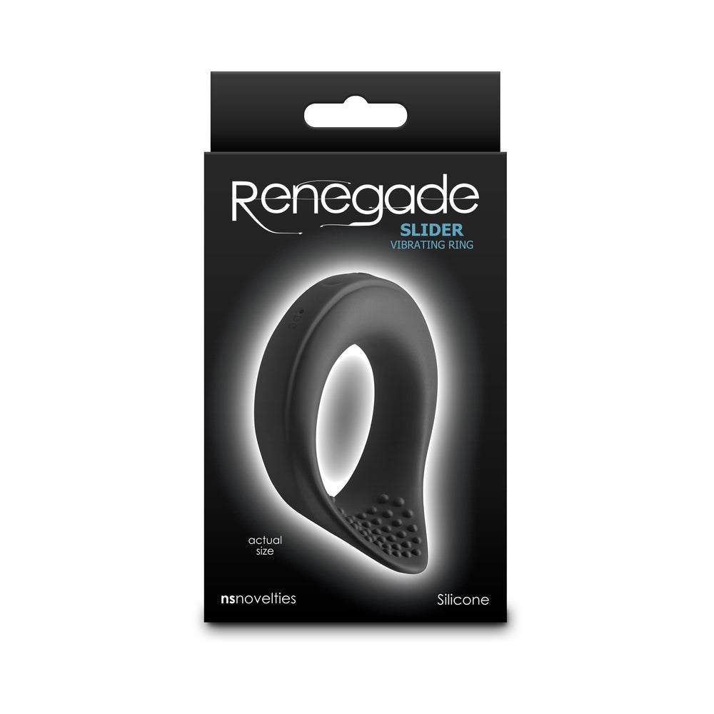 Renegade Slider vibrating cock ring in black silicone with multiple vibration modes and water resistance packaging.