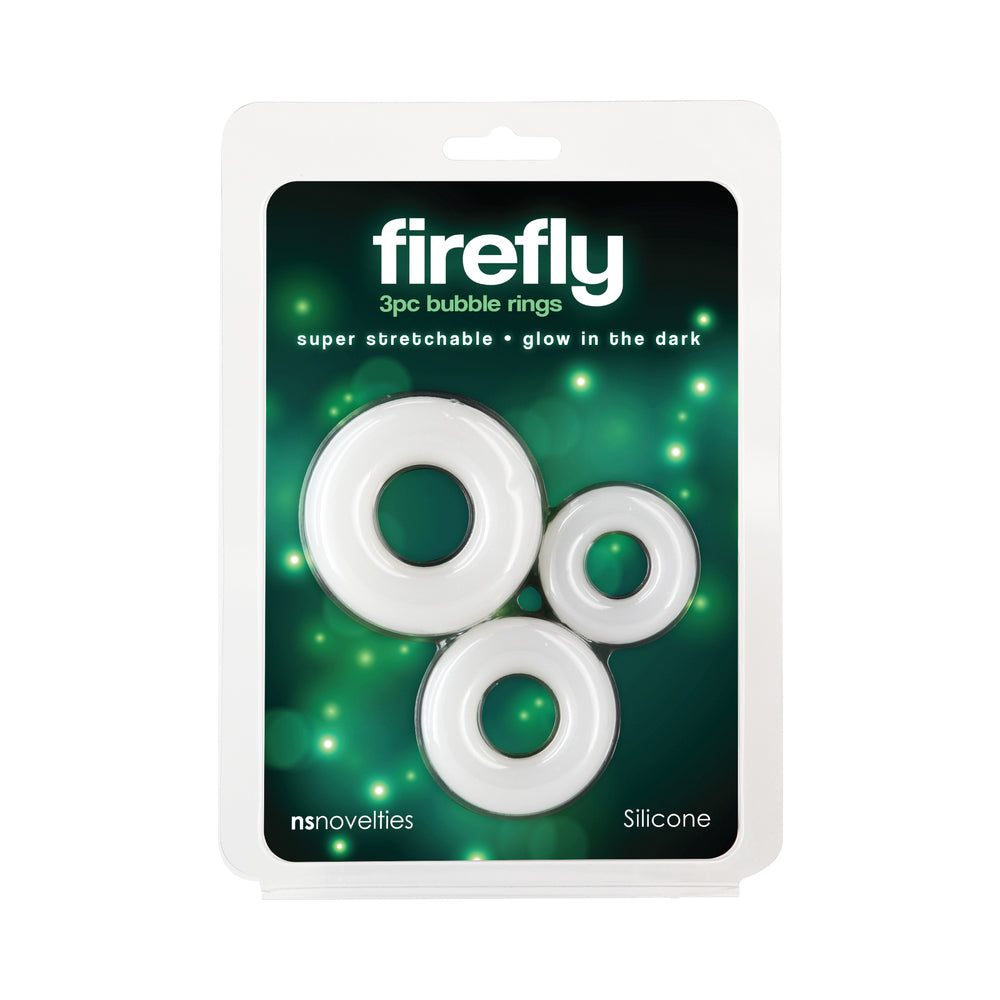 Firefly Bubble Rings 3-piece white silicone glow-in-the-dark cock ring kit in packaging