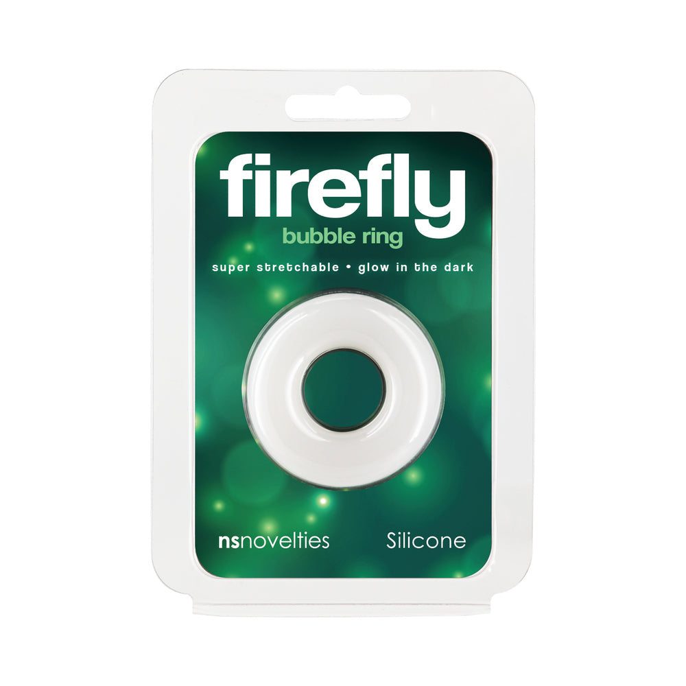 Glow-in-the-dark Firefly Bubble Ring in packaging, white, small size, soft silicone.