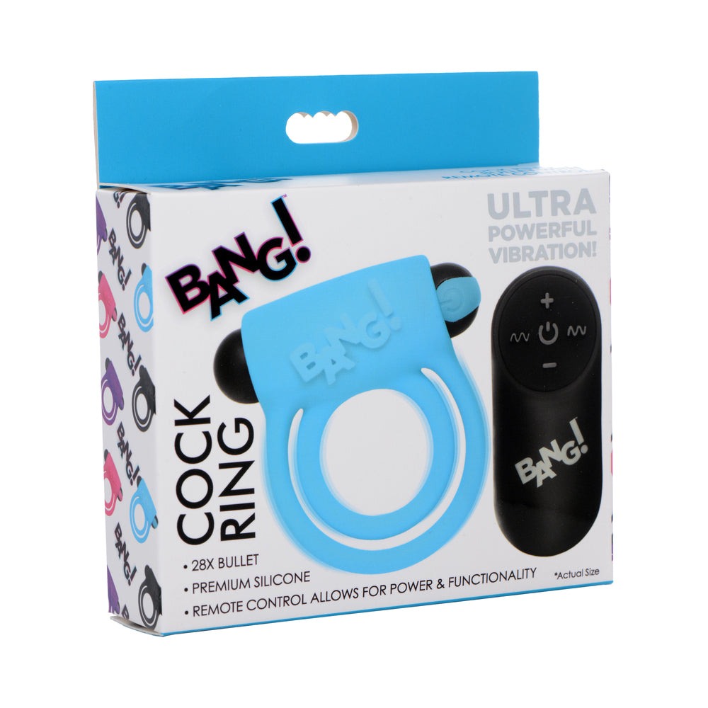Blue BANG! Silicone Cock Ring and bullet with remote control packaging for enhanced pleasure and performance